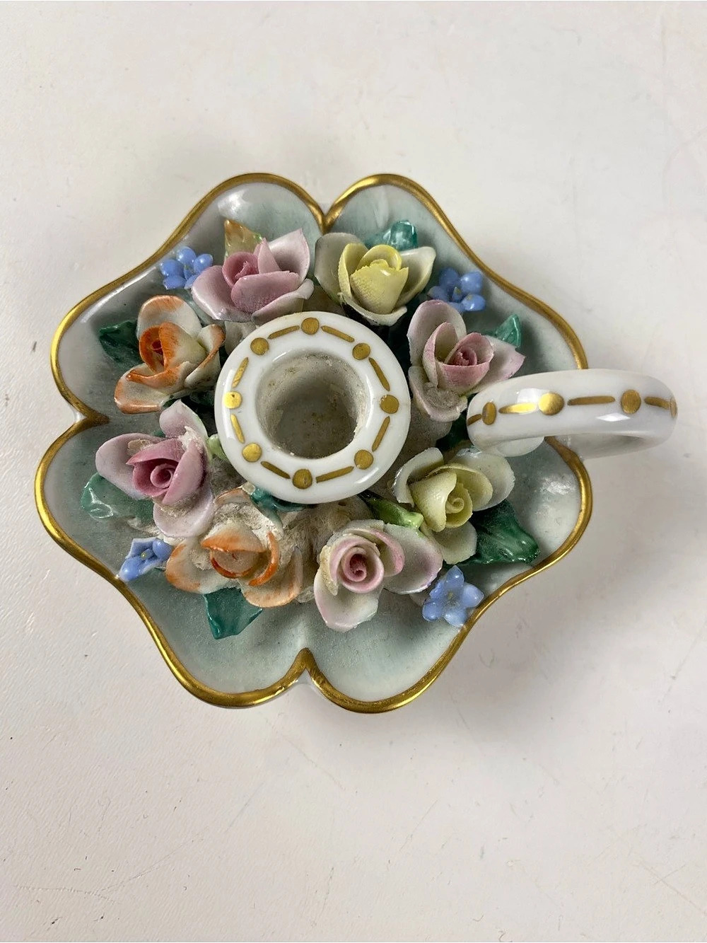 Antique Petite Capodimonte Porcelain Pastel Floral Candle Holder With Handle